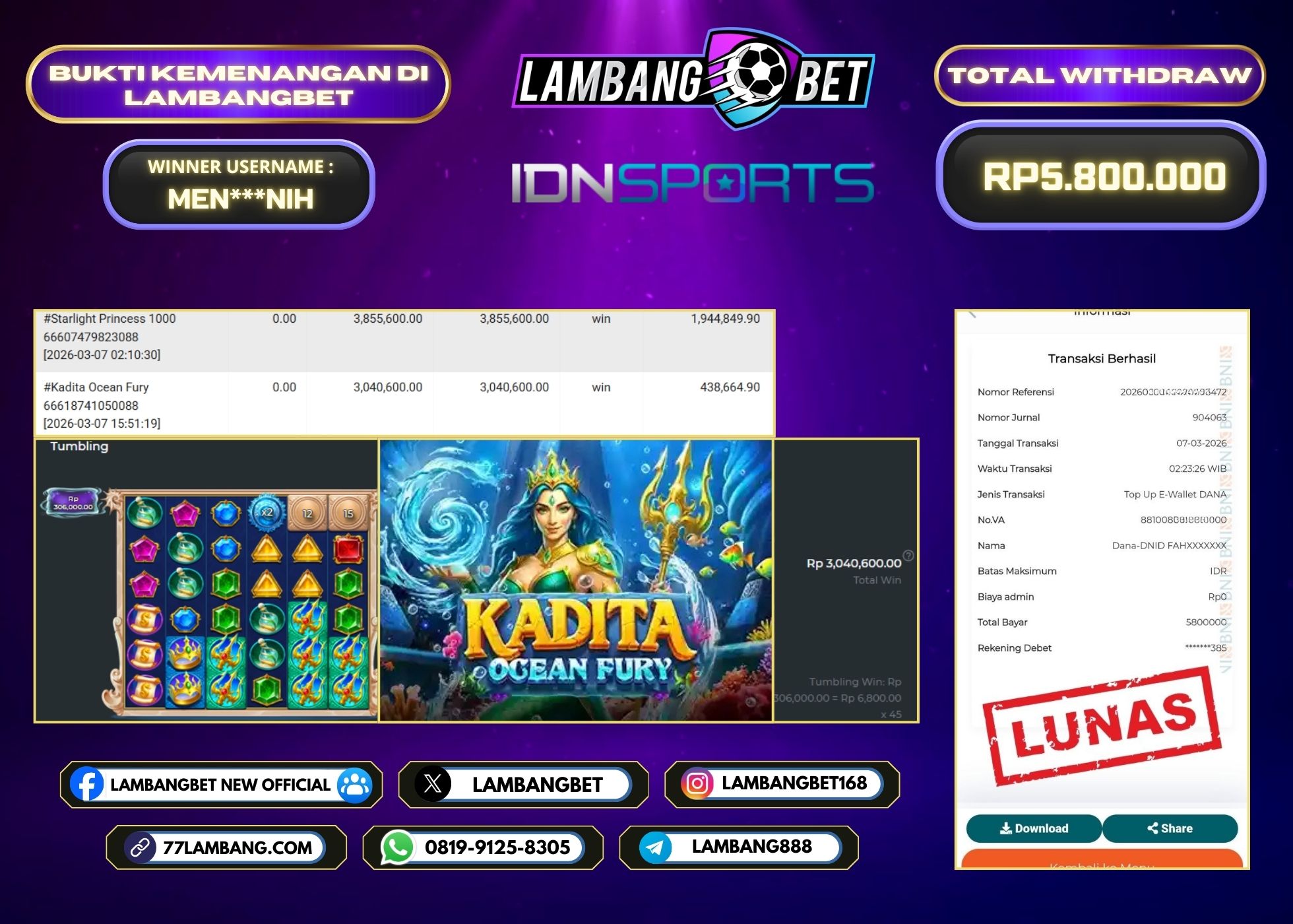 LAMBANGBET [7 MARET 2026] JACKPOT SLOT Kadita Ocean Fury "Rp5.800.000" LUNAS